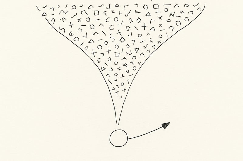 A hand-drawn funnel narrows countless tiny shapes into a single dot, capturing the relief of moving from overwhelming options to one calm choice.